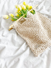 Load image into Gallery viewer, Crochet raffia handbag with bamboo handles, Granny squire vegan bag, Cruelty-free sustainable bag