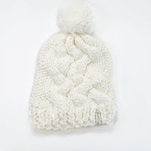 Load image into Gallery viewer, White Handknit Vegan Beanie, Unisex Bobble Hat, Baggy Winter Cap, Slouchy vegan wool knit, White winter hat
