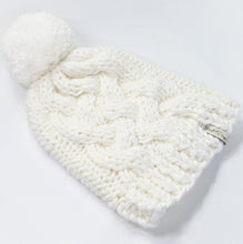 Load image into Gallery viewer, White Handknit Vegan Beanie, Unisex Bobble Hat, Baggy Winter Cap, Slouchy vegan wool knit, White winter hat