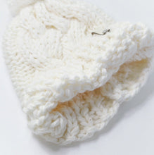 Load image into Gallery viewer, White Handknit Vegan Beanie, Unisex Bobble Hat, Baggy Winter Cap, Slouchy vegan wool knit, White winter hat